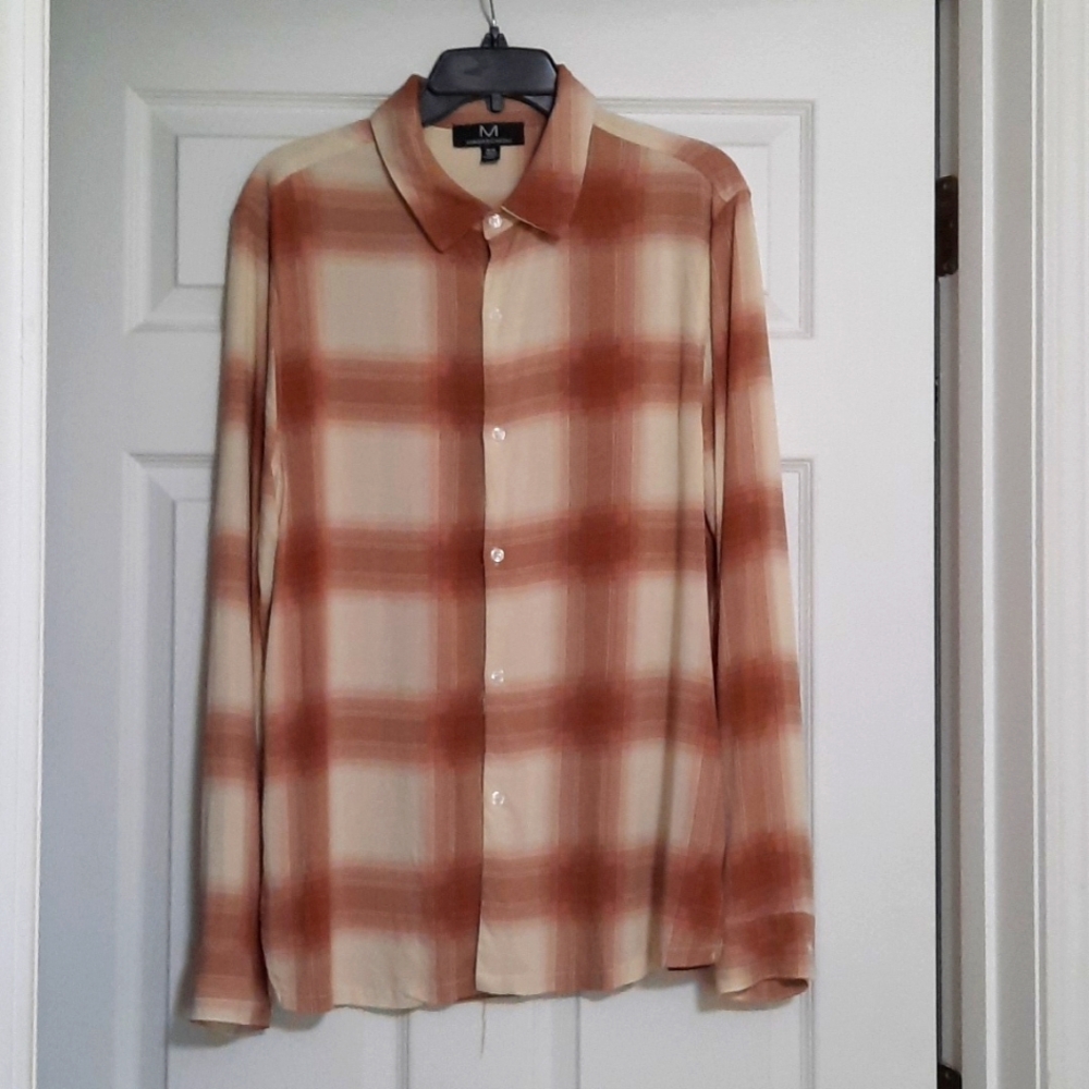 Magaschoni Medium Beige Rust Plaid Button Down Longsleeve Lightweight Sh… - Picture 1 of 5